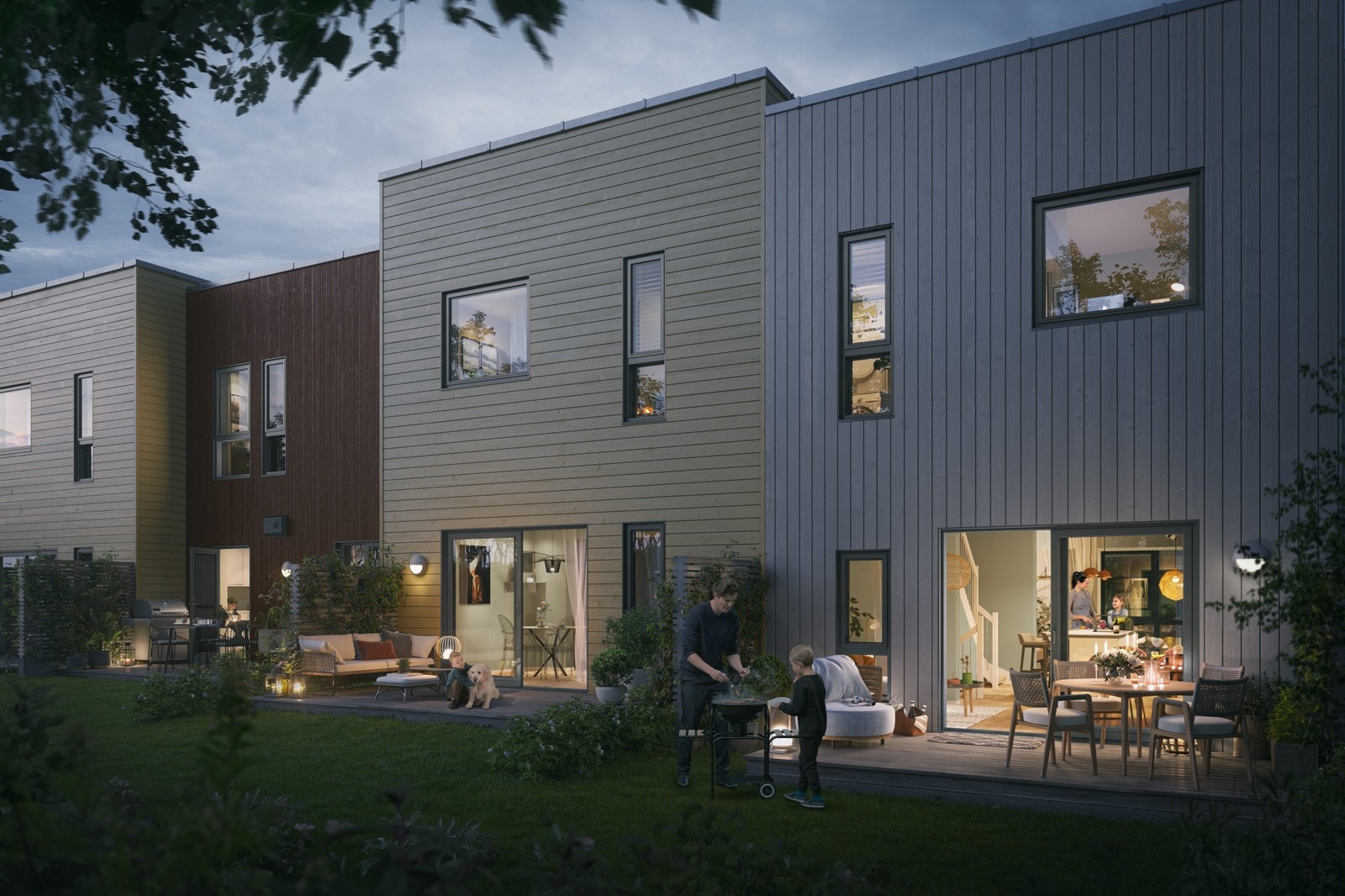 Illustrasjon - Terrassen og hagen med utgang fra stue/kjøkken Galleribilde