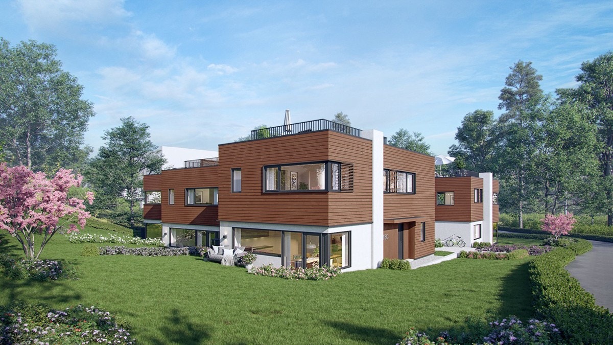 Prosjektet er tegnet av annerkjente Crux Arkitektur og består av tre eneboliger og en tomannsbolig. Illustrasjon - avvik vil forekomme. Galleribilde