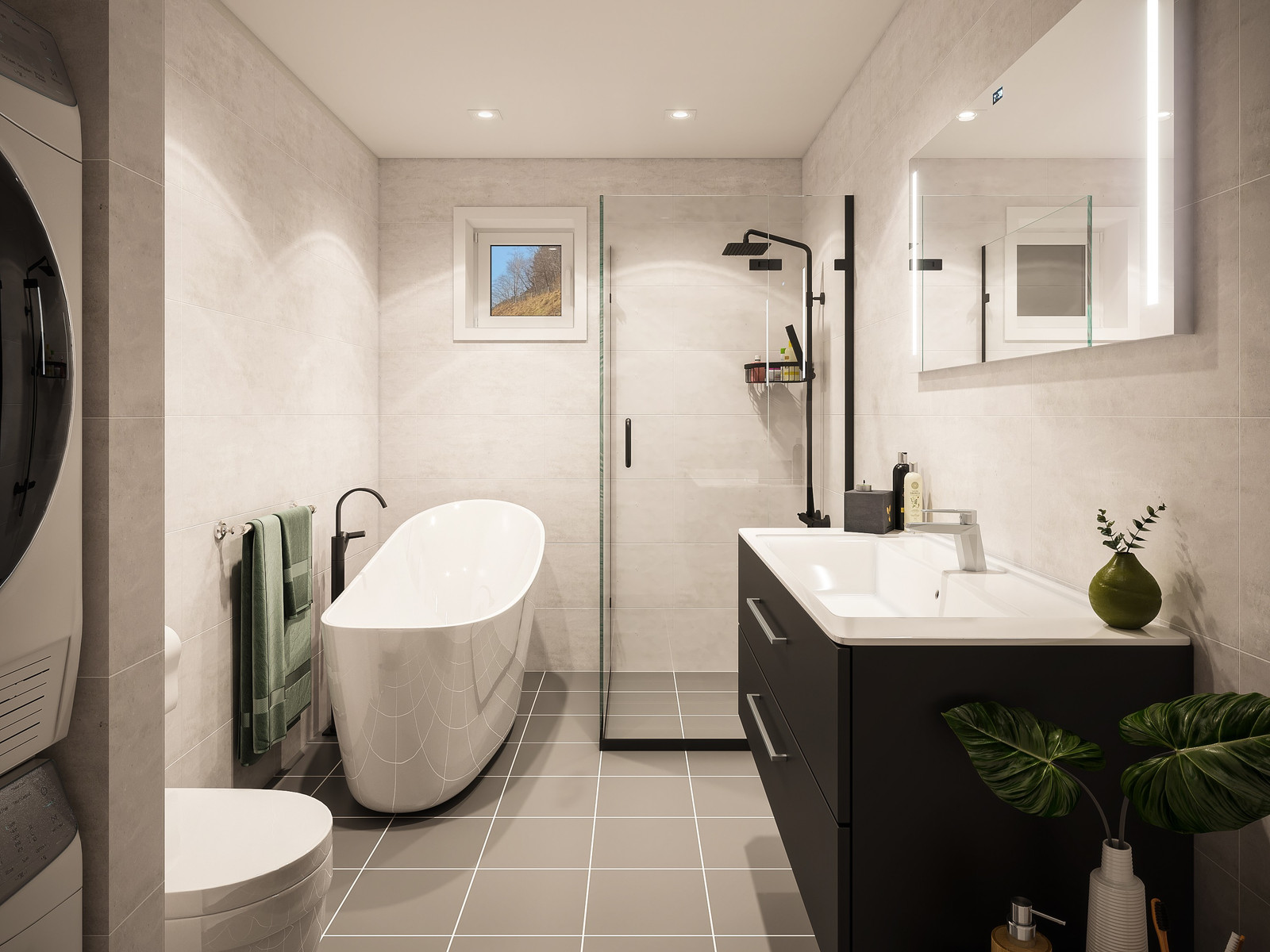 Moderne og luftig bad med dusj og tilrettelagt for badekar.