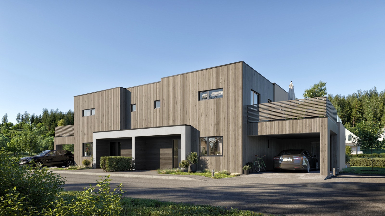 Overbygd inngangsparti med støypt platt og liggende spilevegg. Carport med god breidde, og stor sportsbod i bakkant. Galleribilde