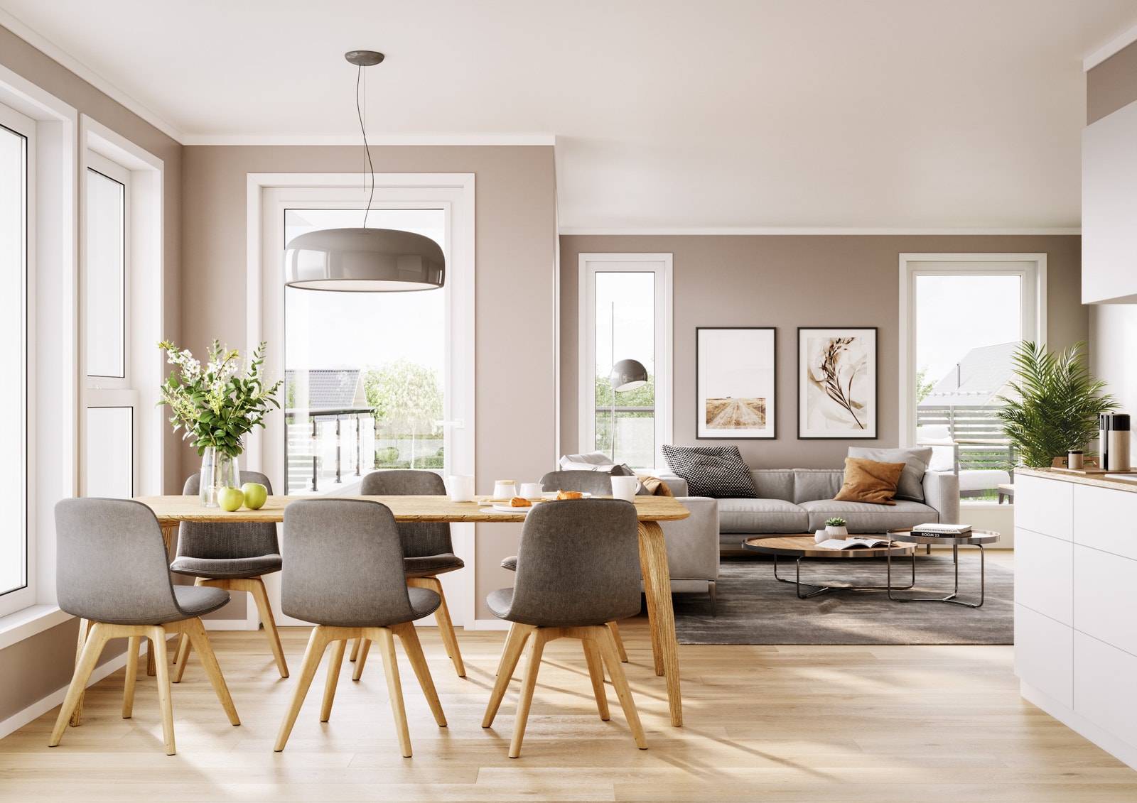 Stue og kjøkken i open løysing med god plass til både spisegruppe og sofagruppe. Galleribilde