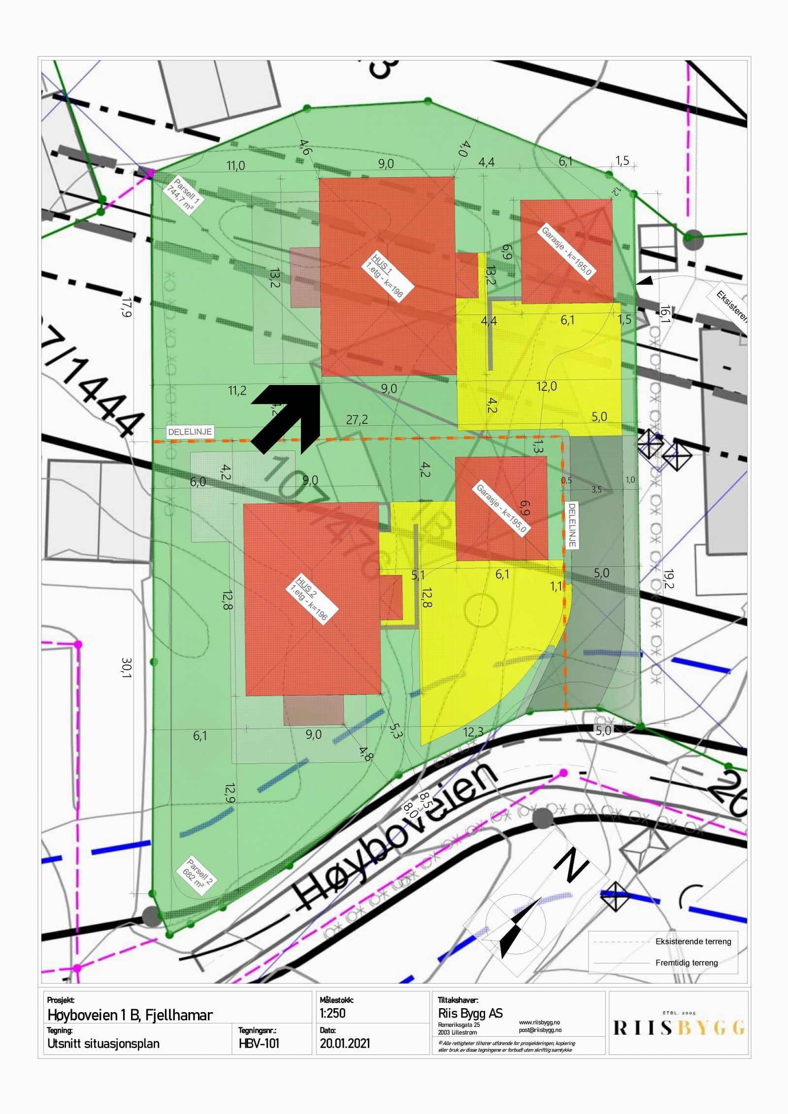 Situasjonskart over tomt. Tomten leveres grovplanert der det er merket grønt på kart. Galleribilde