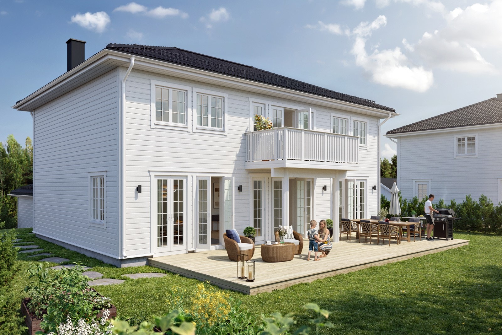 Velkommen til Høyboveien 1B! Herskapelig prosjektert villa m/høy standard og klassisk stil. Illustrasjon av fasade, Hus B. Tomten leveres grovplanert, hekk og tujaer inngår ikke i standardleveransen. Galleribilde