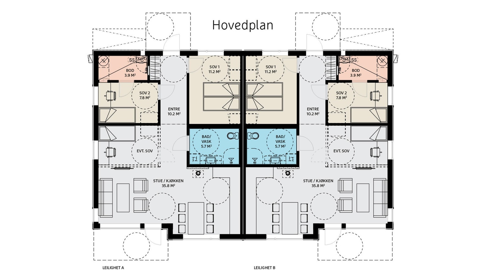 Plantegning med 2 soverom. Galleribilde
