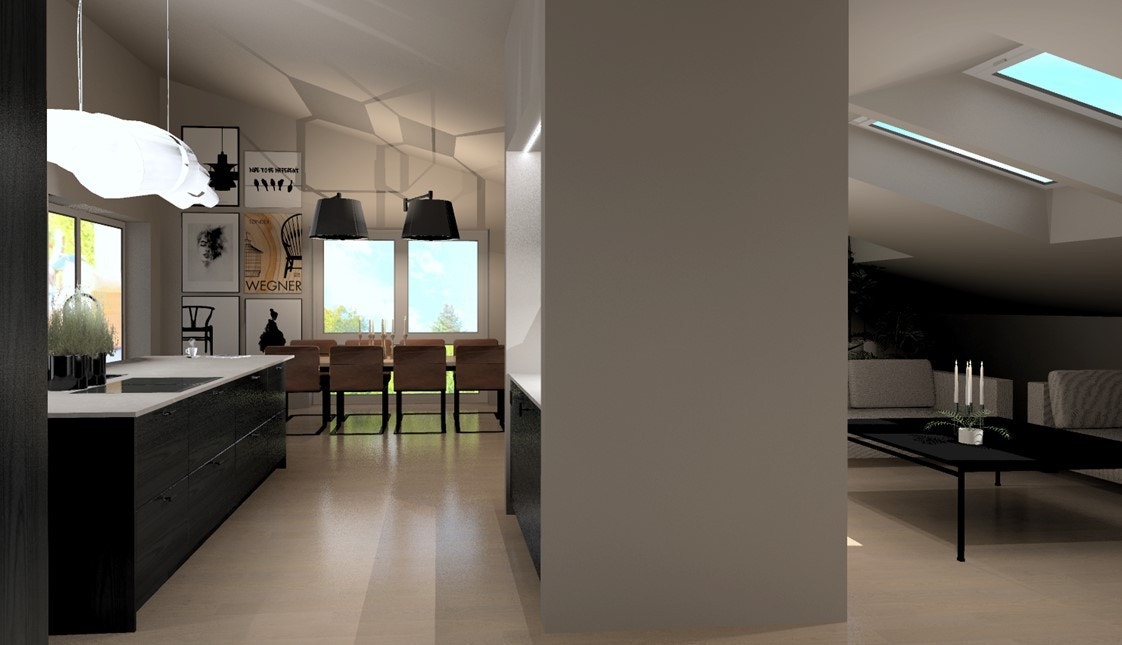 Frontmodellen til Drømmekjøkken: Bistro Finer i sort eik, med laminat benkeplate i beige. Vegger og tak er malt i samme farge (Varmgrå/Kalkgrå) som står godt til benkeplaten. Galleribilde