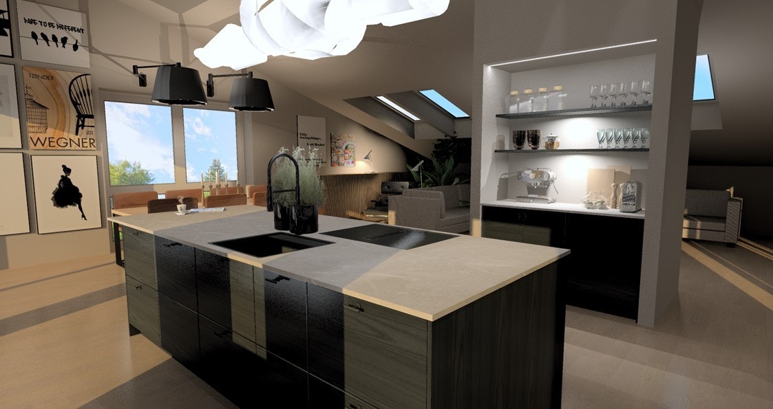 Drømmekjøkken: På øya er alle funksjoner samlet, med koketopp og vask. Koketopp og vask er så nærme hverandre at ved å ha ett flexibelt blandebatteri, kan man fylle kjeler rett fra krana. Galleribilde