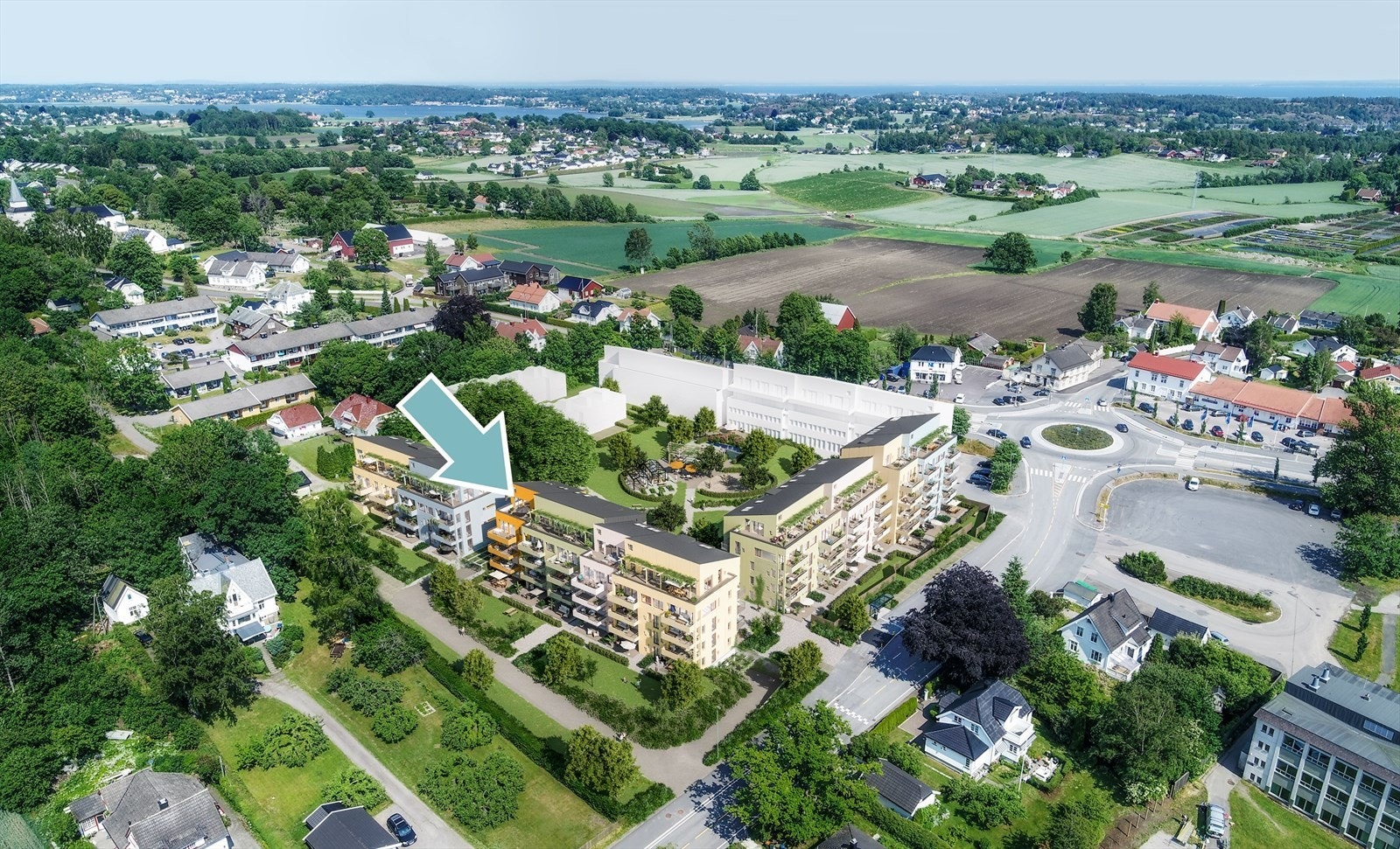 Illustrasjon: Fin vestvendt beliggenhet, skjermet fra vei og trafikk med gode solforhold på "taket" av bygget ... Galleribilde