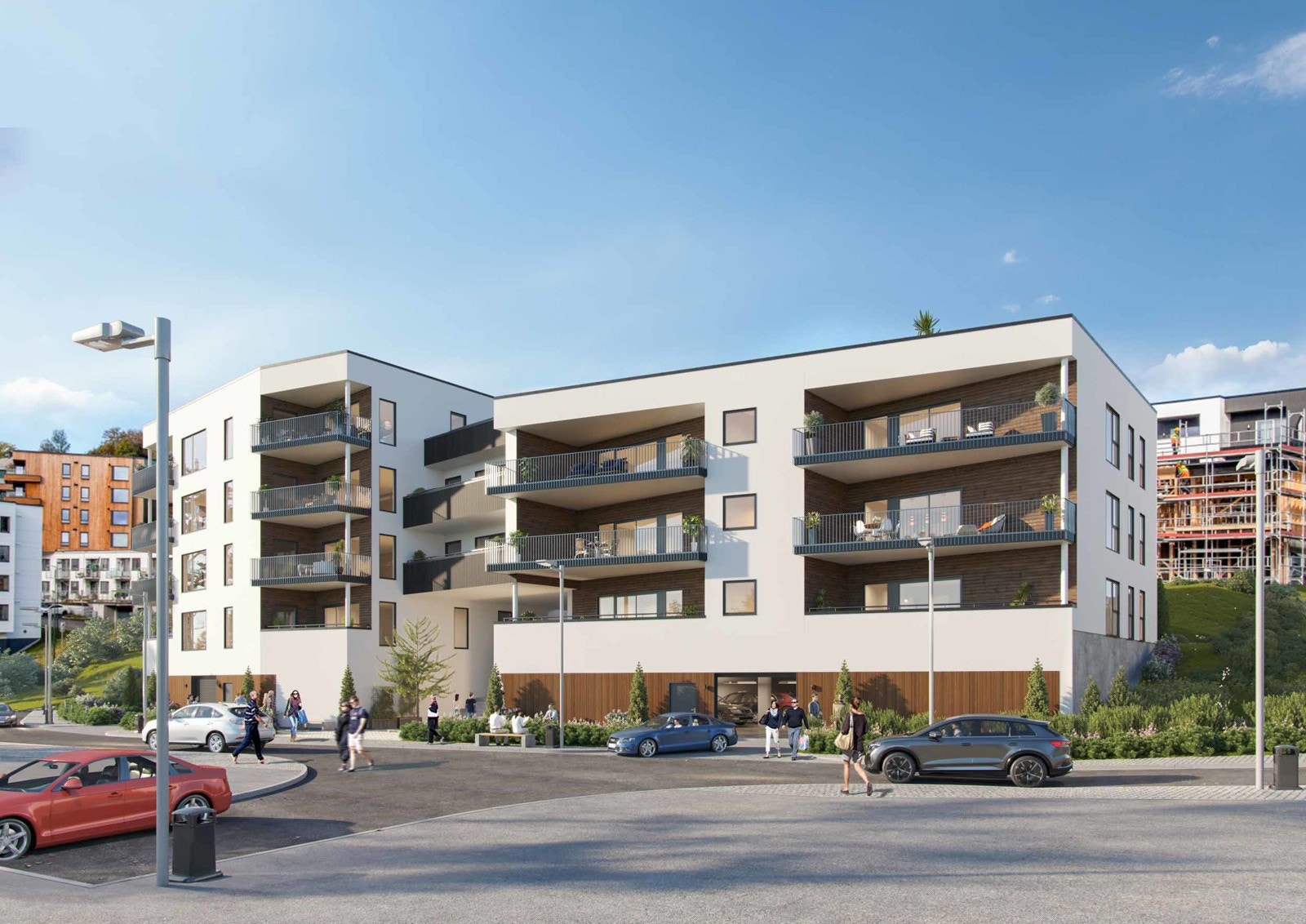 Moderne leilighetsbygg med felles takterrasse, heis og p-kjeller (illustrasjon med fotomontasje - avvik vil forekomme) Galleribilde