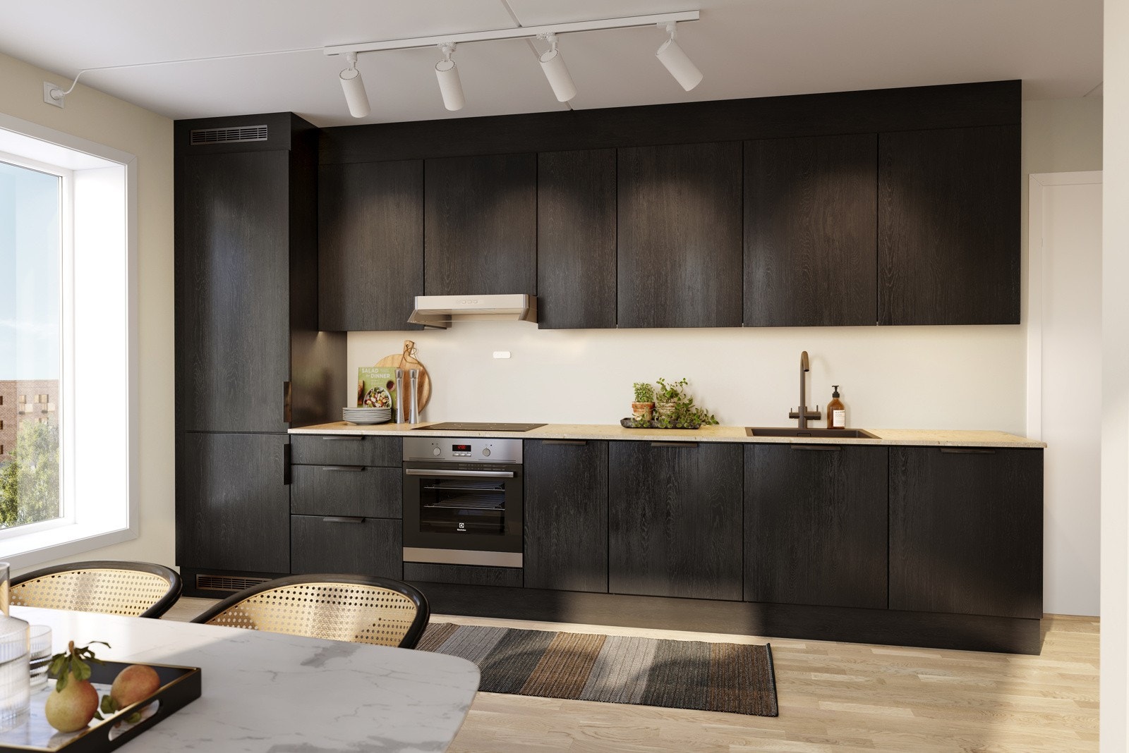 I denne leiligheten blir det sort kjøkken fra HTH. Illustrasjonen viser bare et eksempel, se plantegning for å se løsningen Galleribilde