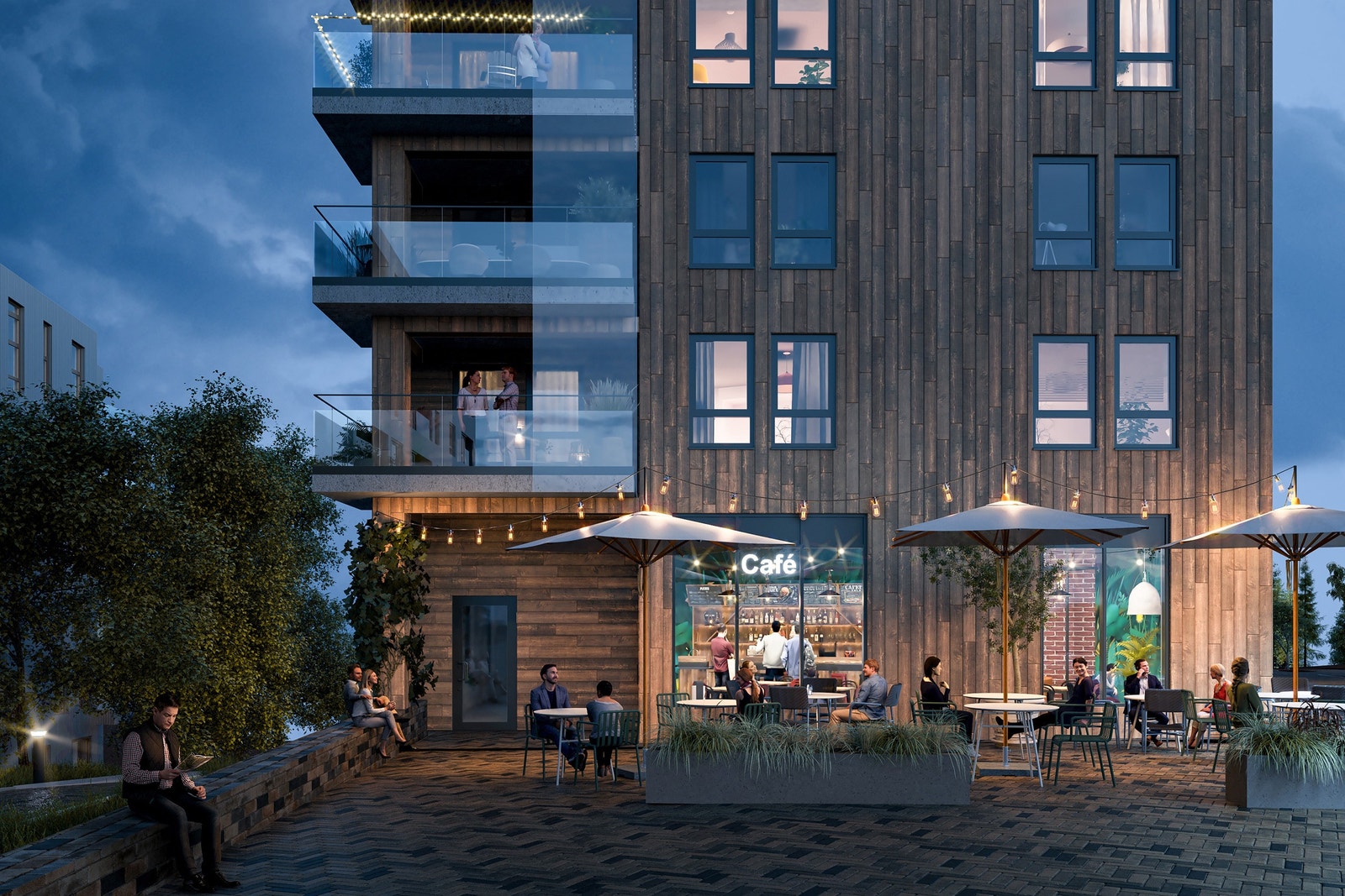 Illustrasjon av Hus 1 med café ved torget Galleribilde