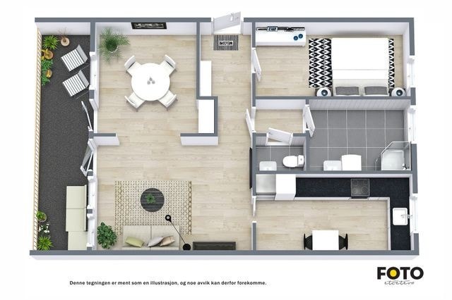 Planskisse av leiligheten. Soverom 2 er plassert der det på tegningen er et spisebord. Galleribilde
