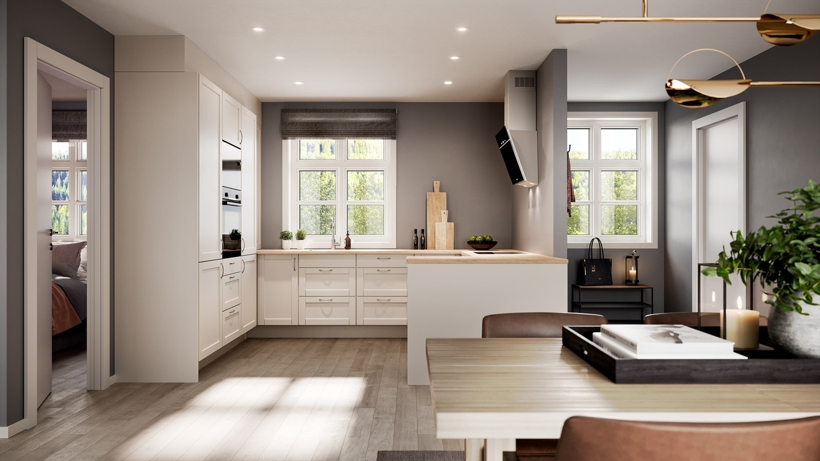 Det leveres svært innbydende håndlaget kjøkken med integrerte hvitevarer som oppvaskmaskin, kjøl/frys, stekeovn og kokeplate. Illustrasjonsfoto. Galleribilde