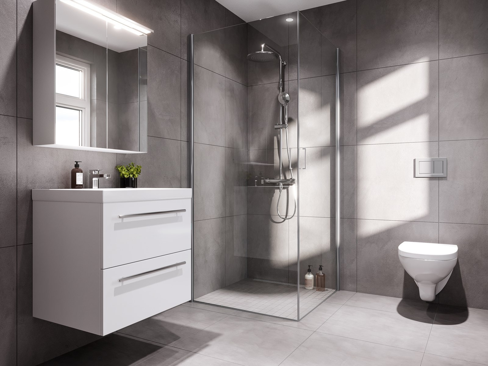 Særdeles innbydende bad med grå 60x60 fliser på gulv og 5x5 i dusjsone. Servantskap med tilhørende speilskap, vegghengt toalett og dusjhjørne. Illustrasjonsfoto. Galleribilde