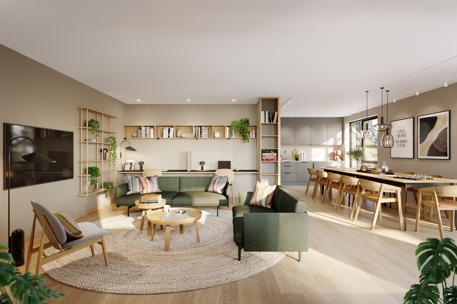 Fellesarealene inkluderer blant annet allrom eller selskapslokale som kan lånes av alle i sameiet. Her kan du for eksempel ha bursdagsselskap. Illustrasjon - avvik kan forekomme Galleribilde