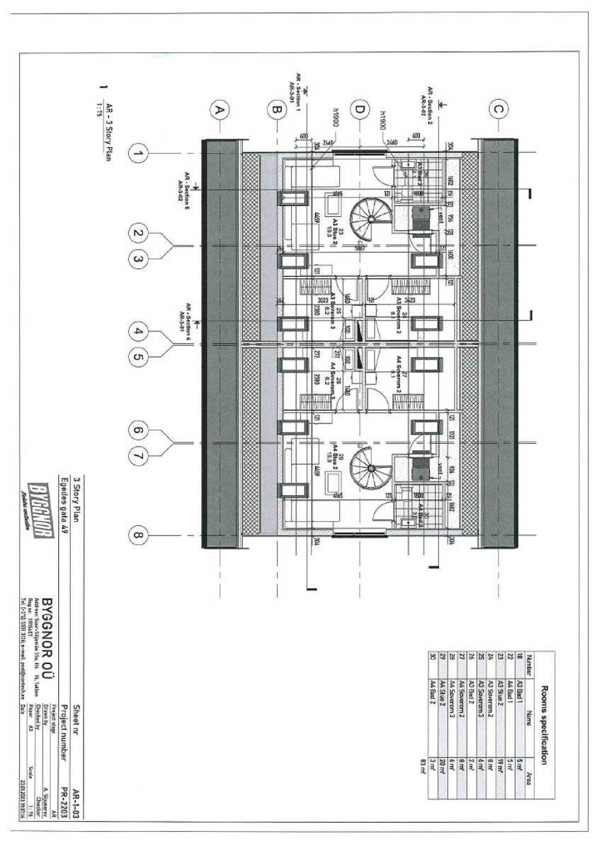 Plantegning over loftsetasjen til de to leilighetene i 2. etg. + loft. Galleribilde