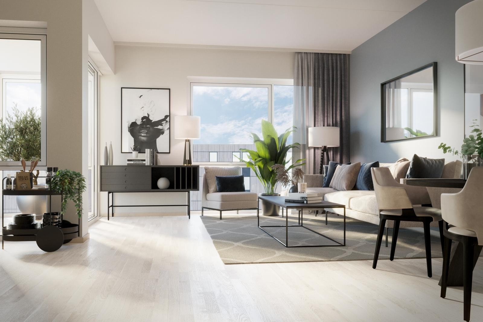 Åpen stue og kjøkkenløsning, vannbåren varme (illustrasjonsfoto) Galleribilde