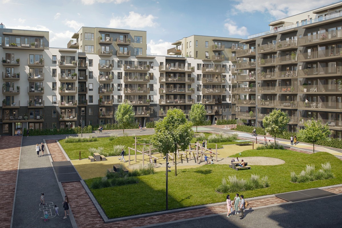 MIDT har et bilfritt gårsrom og næringlokaler ut mot Skårersletta Galleribilde