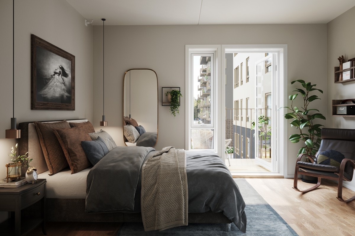 Det leveres bl.a. hvitpigmentert eikeparkett på gulv og listefrie overganger mellom vegg og tak Galleribilde