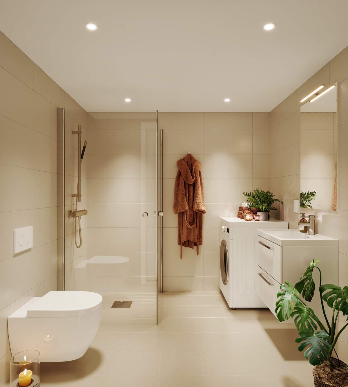 Delikate plassbygde bad med moderne sandfargede fliser, hvit innredning og downlights i tak Galleribilde