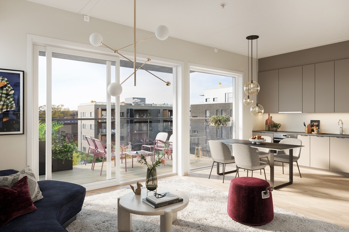 Leil. D4023, åpen stue - kjøkkenløsning og romslig balkong. Bildet er kun ment som illustrasjon. Galleribilde