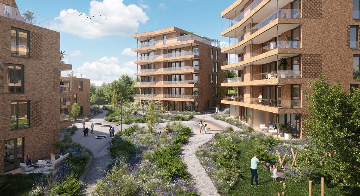 Beplantning og fine gangstier mellom husene Galleribilde