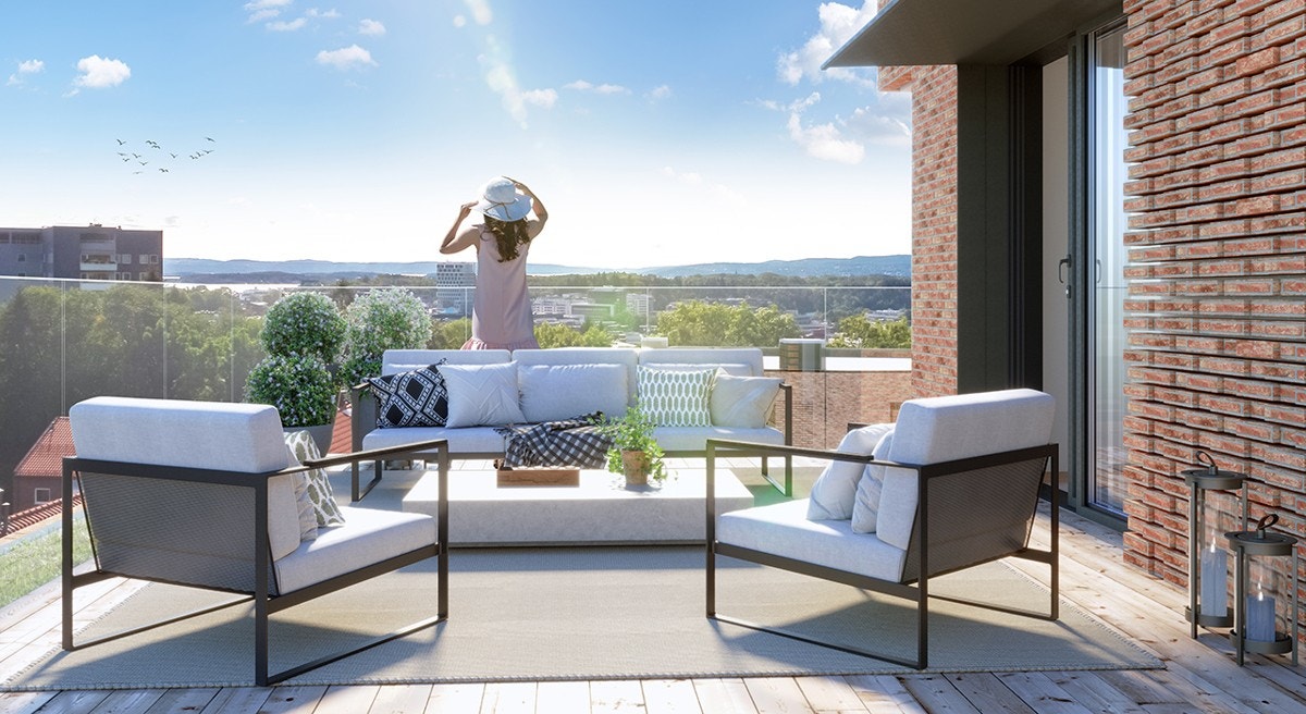 Alle leiligheter får en eller to balkonger og de største leilighetene får store takterrasser Galleribilde