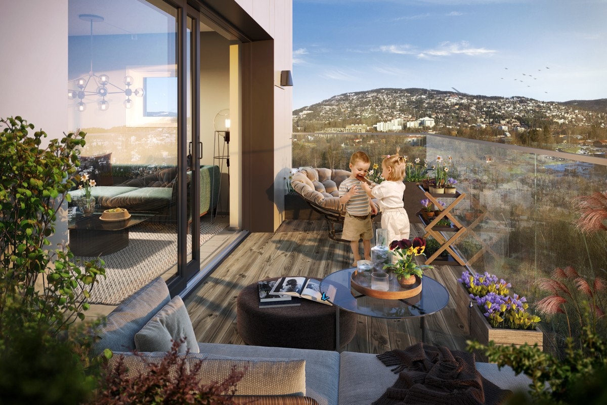 Romslig balkong med utsikt mot Holmenkollåsen Galleribilde