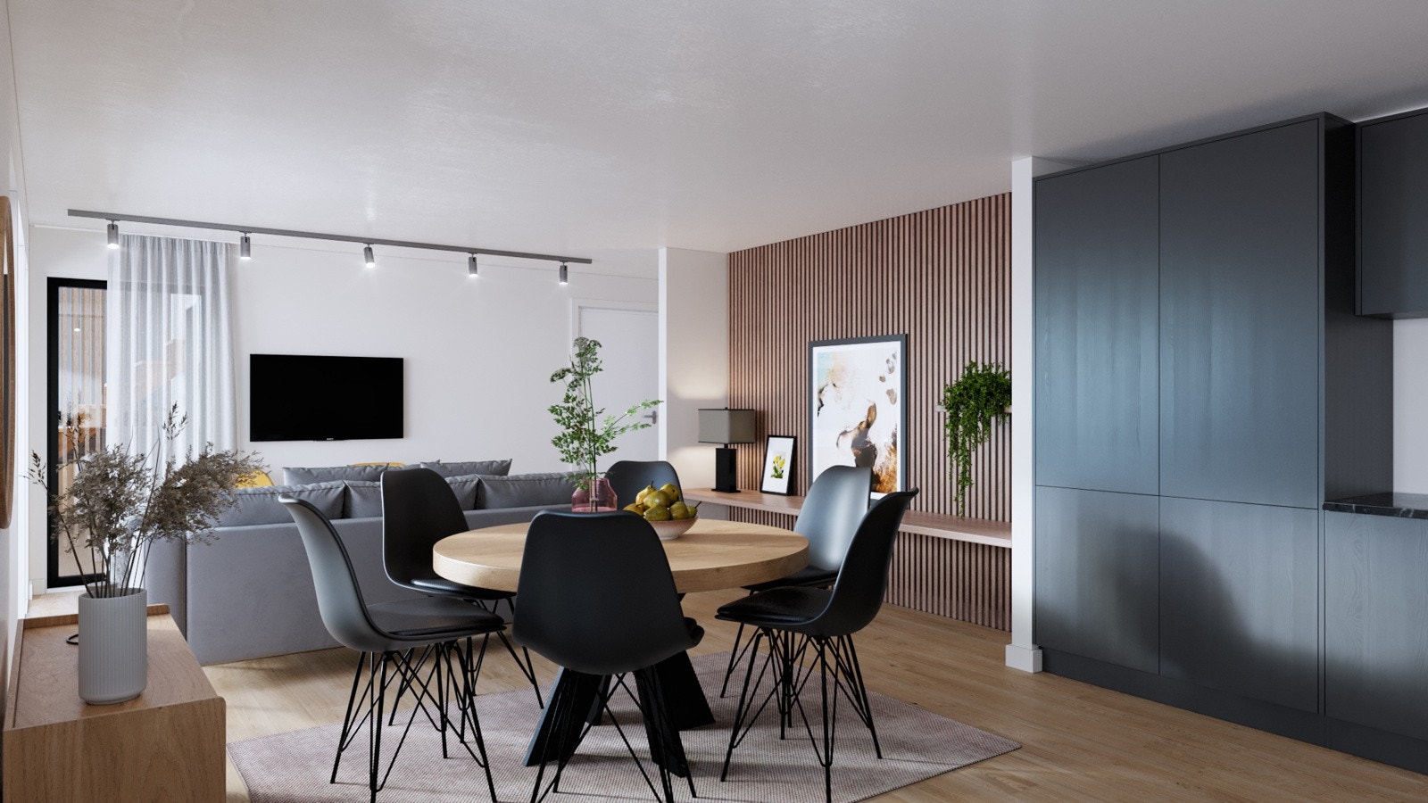 Lys åpen/stue kjøkken-løsning med moderne spilevegg inkludert som standard. Galleribilde