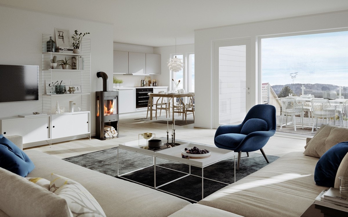 Store vindusflater sørger for godt med naturlig lysinnslipp. Sørvendte, solrike balkonger. Illustrasjon, avvik kan forekomme. Galleribilde