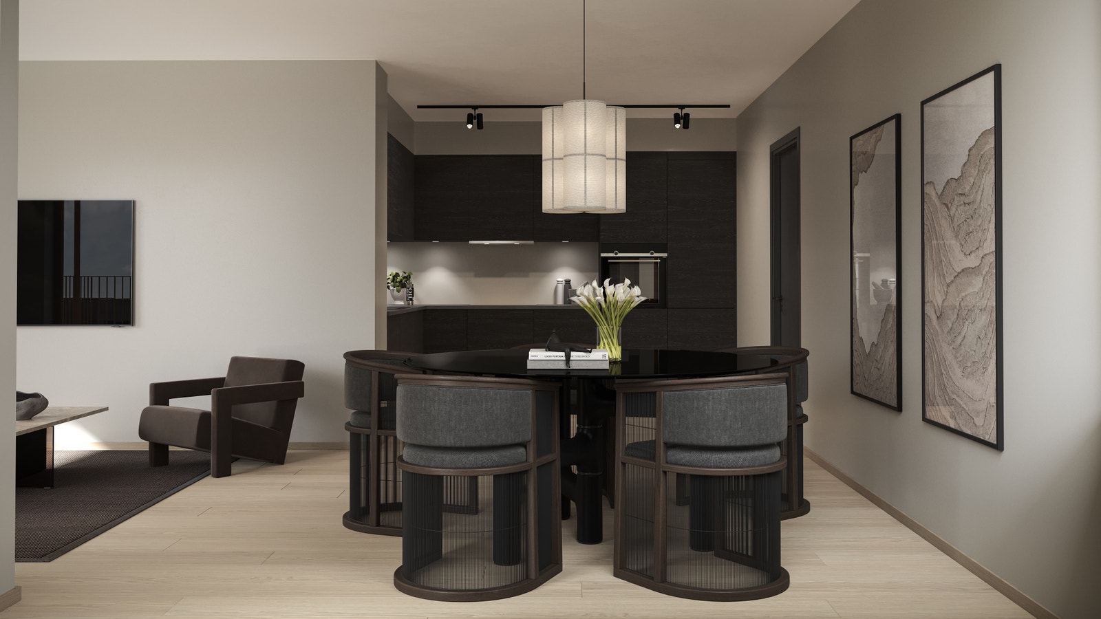 Kjøkken - og spisestueillustrasjon fra leilighet C23/C33/C43/C53. Delvis adskilt kjøkken fra stuen. Bildet er en 3D illustrasjon - endringer vil forekomme. Galleribilde