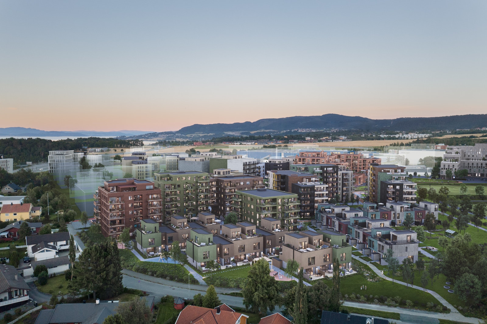"Tunet" blir en forlengelse av boligprosjektet "Løkka" i sør - og eneboligbebyggelsen i Peder Østlunds veg i nordvest. Bildet er en 3D illustrasjon - endringer vil forekomme. Galleribilde