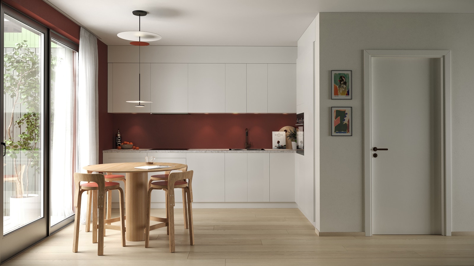 Illustrert kjøkken fra rekkehus 9. Bildet er en 3D illustrasjon - endringer vil forekomme. Galleribilde