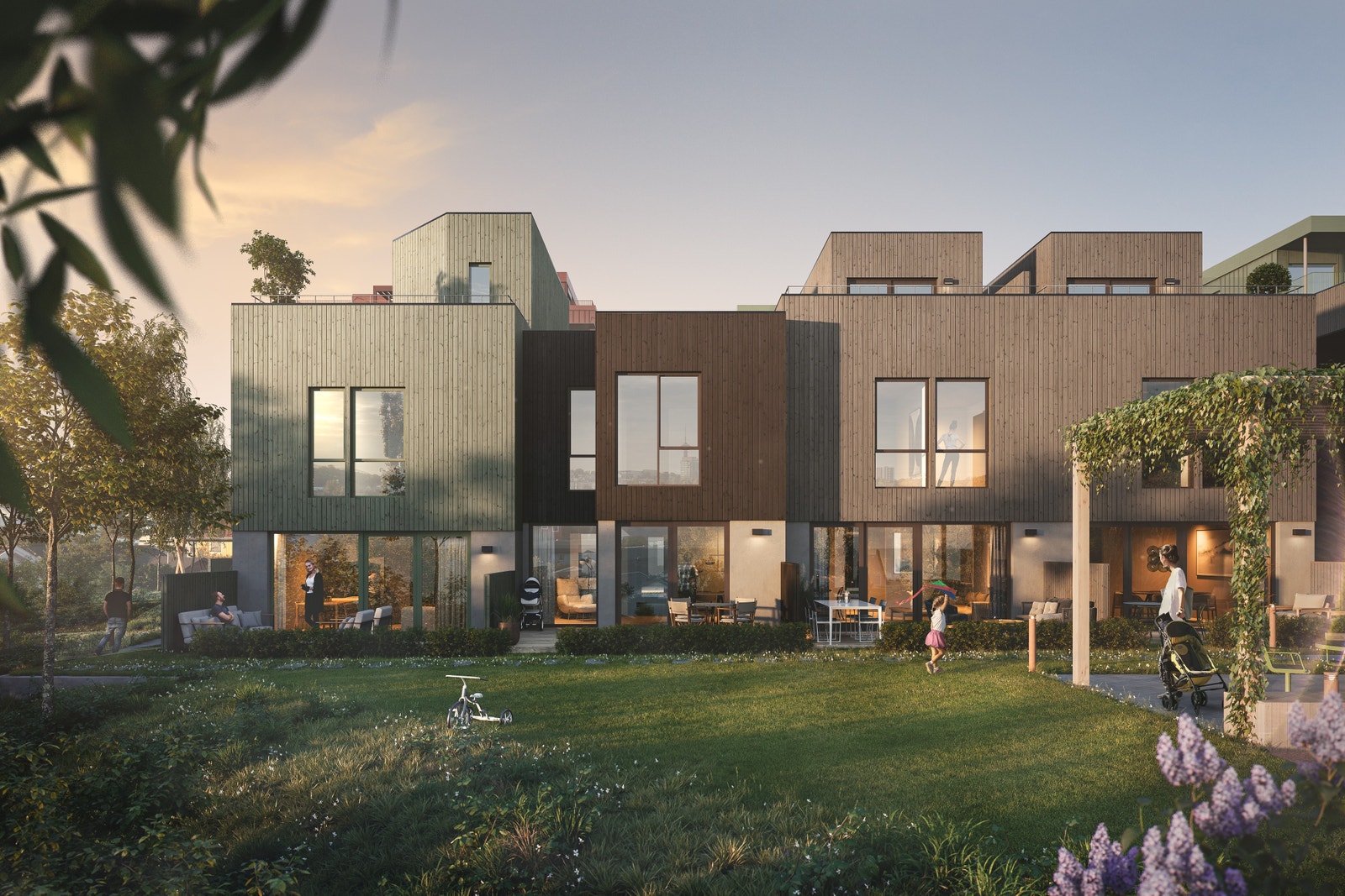 Rekkehusene er over to - og tre plan, med markterrasse på begge sidene av husene. De største rekkehusene vil ha takterrasse i plan 3 i tillegg. Bildet er en 3D illustrasjon - endringer vil forekomme. Galleribilde