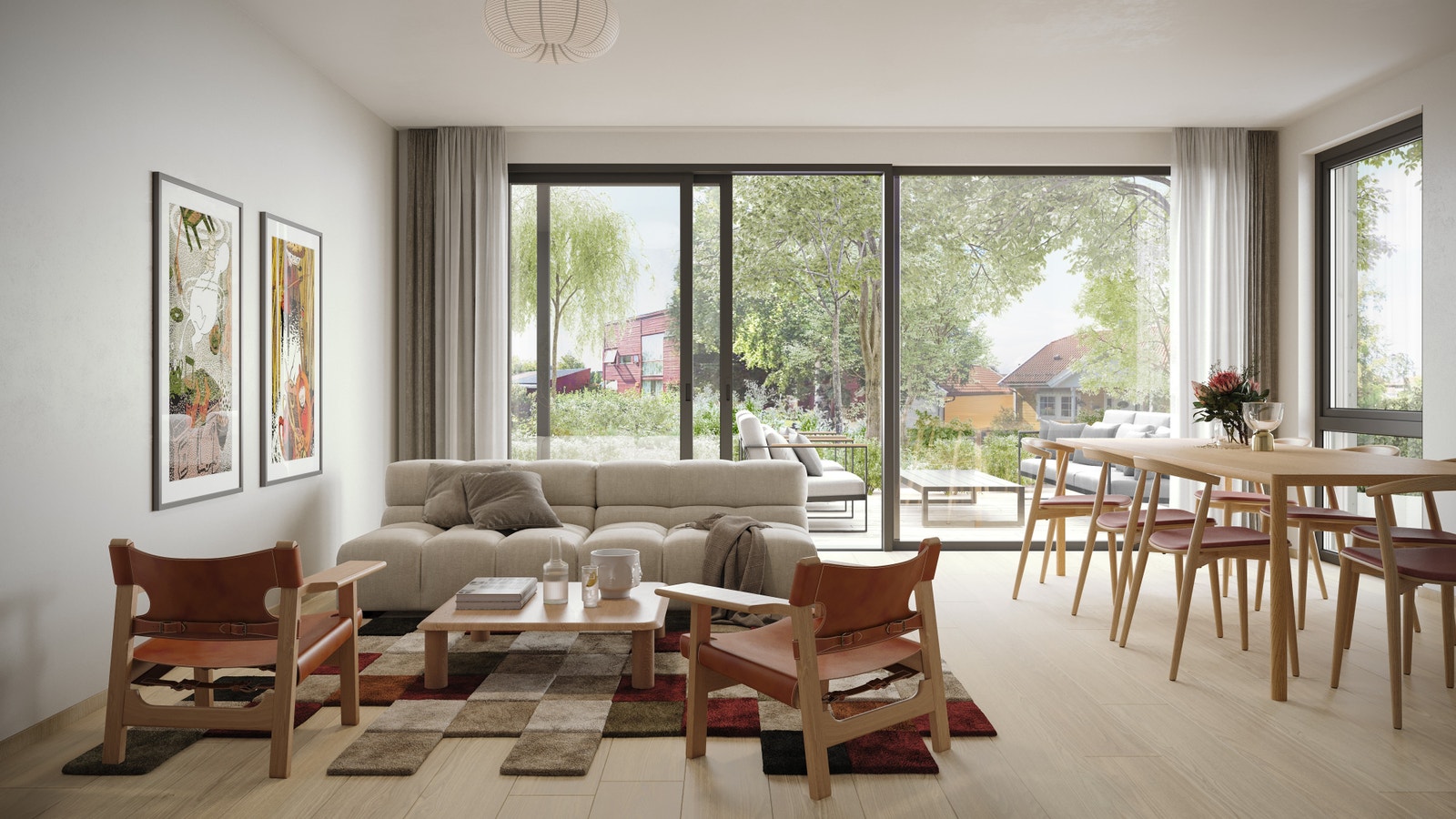 Illustrert stue fra rekkehus 9. Bildet er en 3D illustrasjon - endringer vil forekomme. Galleribilde