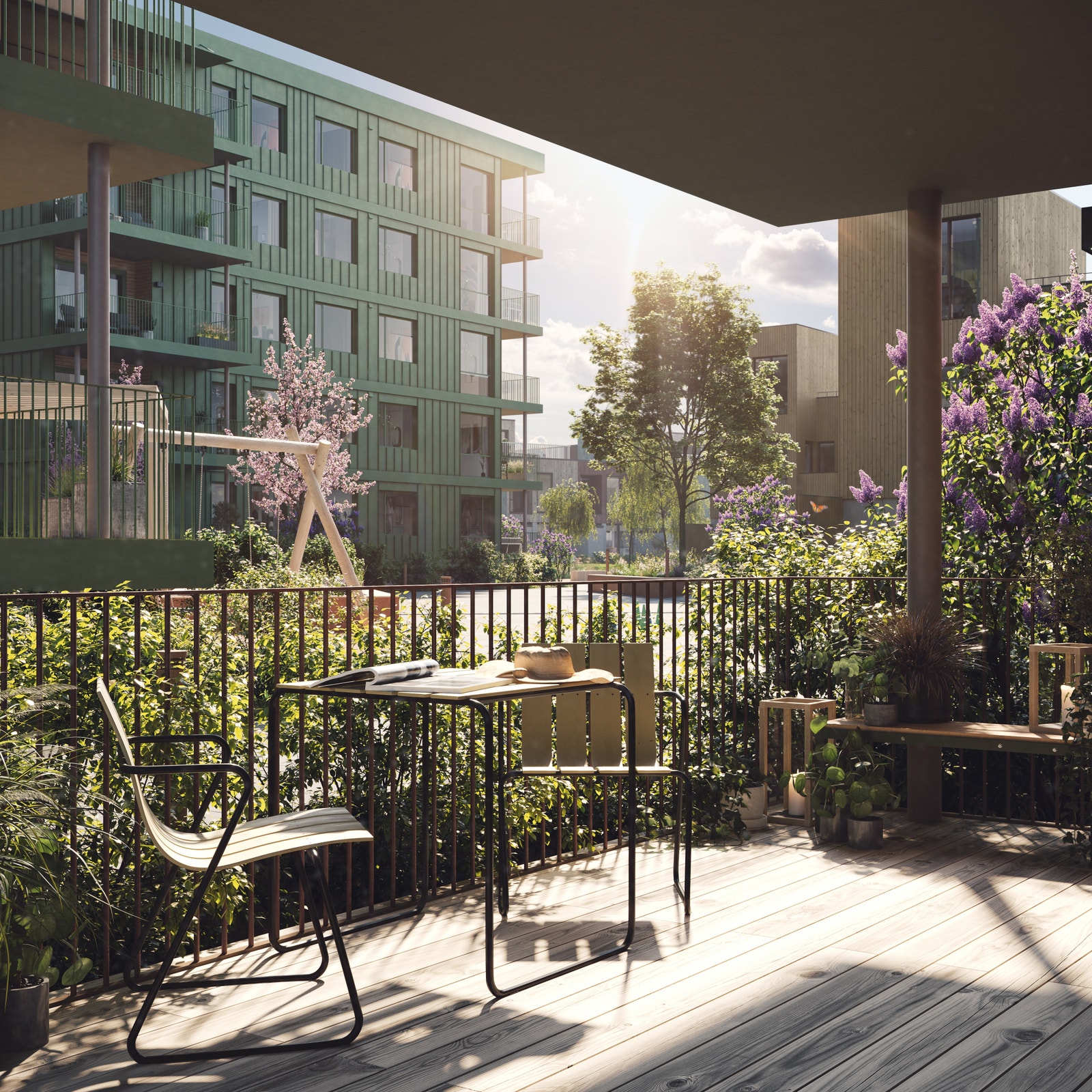 Bilde tatt fra balkong i bygg A og inn mot tunet. Bildet er en 3D illustrasjon - endringer vil forekomme. Galleribilde