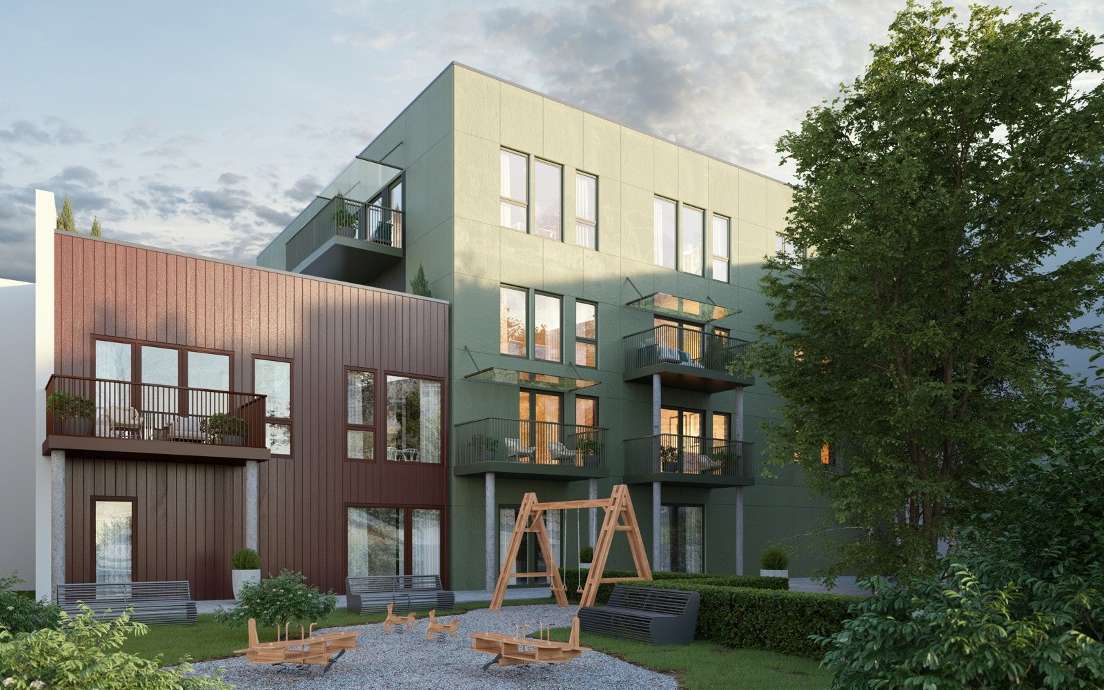 I bakgården blir det opparbeidet felles hage/oppholdsareal. Direkte adkomst fra stort felles oppholdsrom i 1. etasje. Kontakt gjerne megler for ytterligere informasjon om prosjektet. Galleribilde