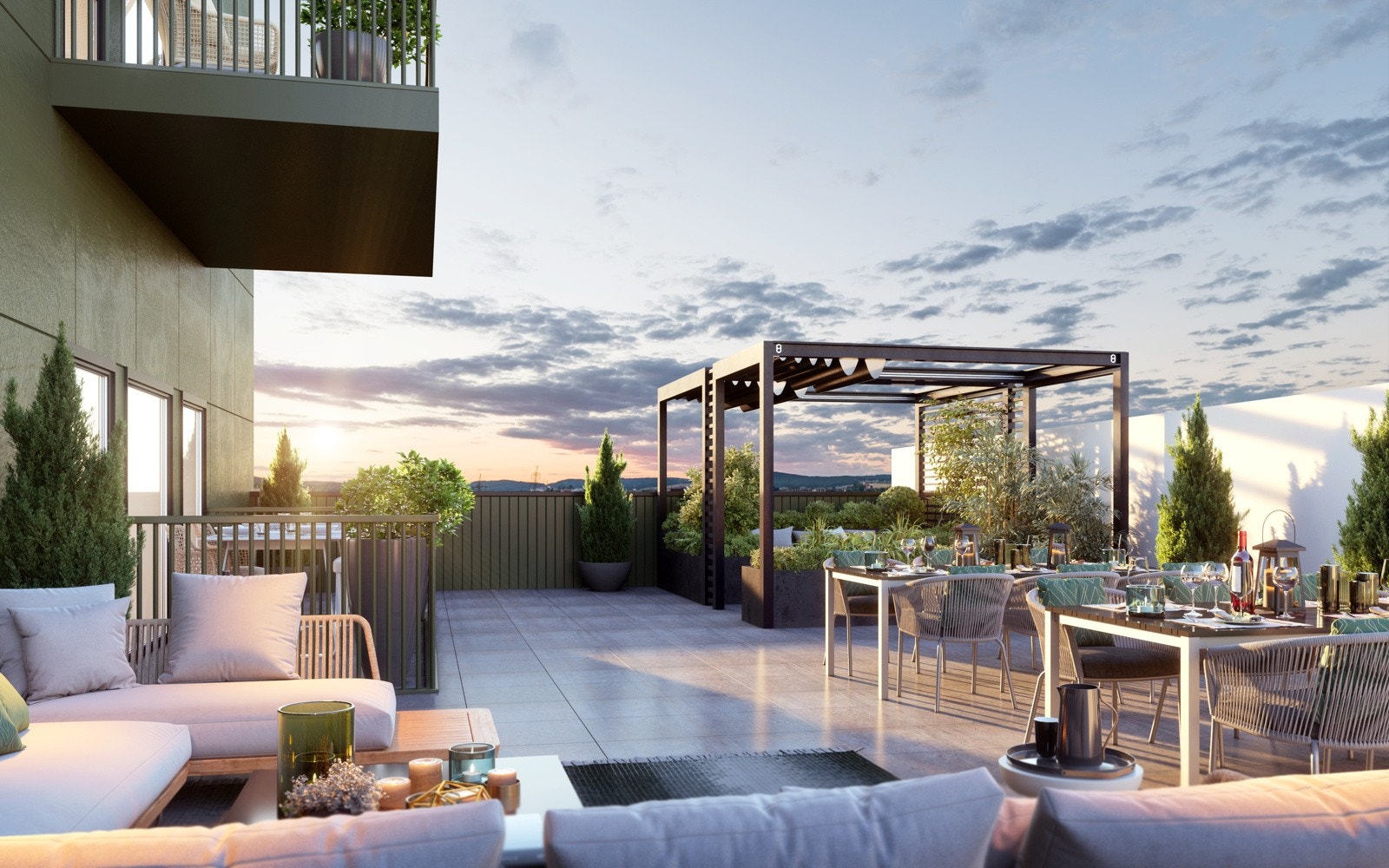Felles takterrasse i 3. etasje for beboerne innbyr til sosialt samvær og hygge. Galleribilde