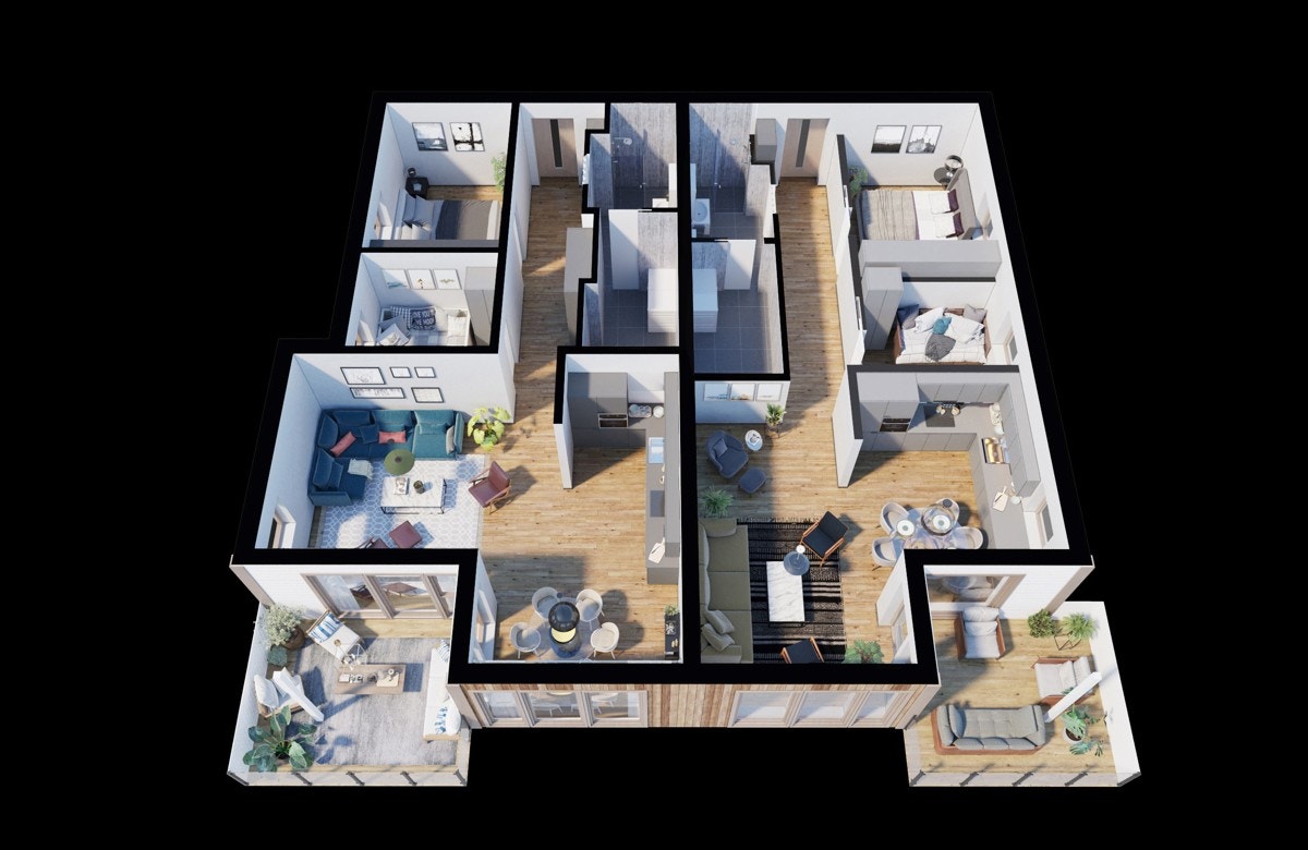 3D Plantegning H0201 til høyre og H0202 til venstre. Galleribilde
