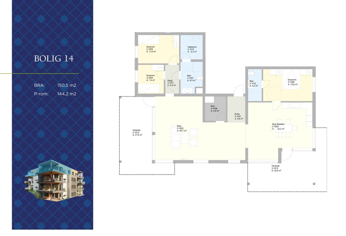Plantegning lelighet nr 14. 3 soverom hvorav det ene med "on-suit-bad". Galleribilde