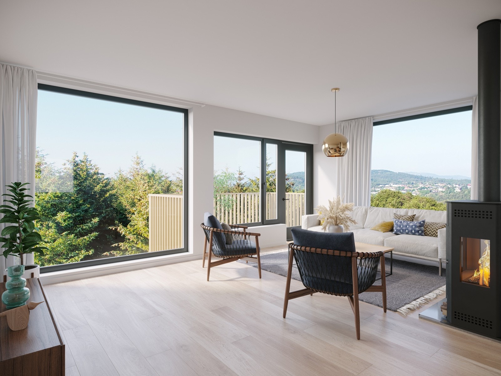 Lyse og tiltalende kvaliteter. God takhøyde og store vindusflater som gir stuen en luftig følelse Galleribilde