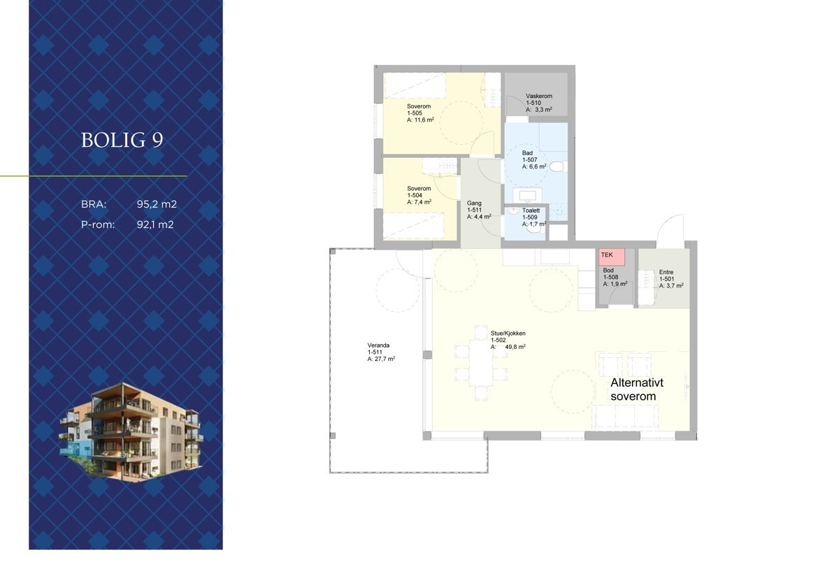 Plantegning leilighet nr 9. 2 soverom, bad med vaskeromnisje, gjestetoalett, bod, gang, kjøkken og stue Galleribilde