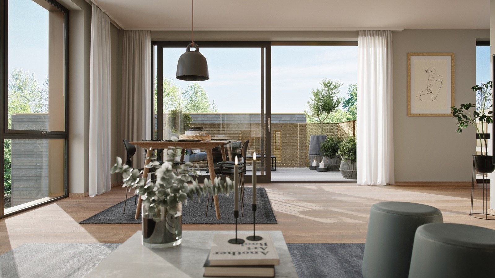 Oppholdsrom får god takhøyde som sammen med store vindusflater gir en luftig romfølelse - Kun ment som illustrasjon. Avvik vil forekomme. Galleribilde