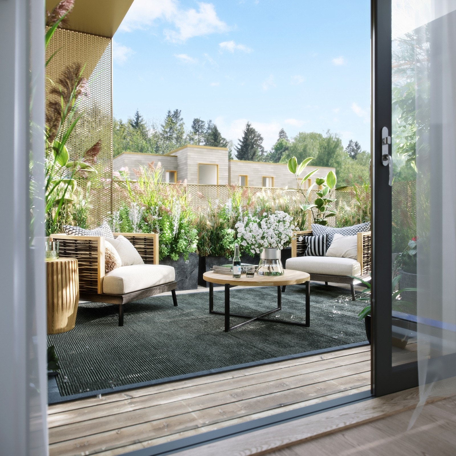 Alle får enten en liten hageflekk, eller en romslig balkong som vender ut mot det grønne fellesområdet - Kun ment som illustrasjon. Avvik vil forekomme. Galleribilde