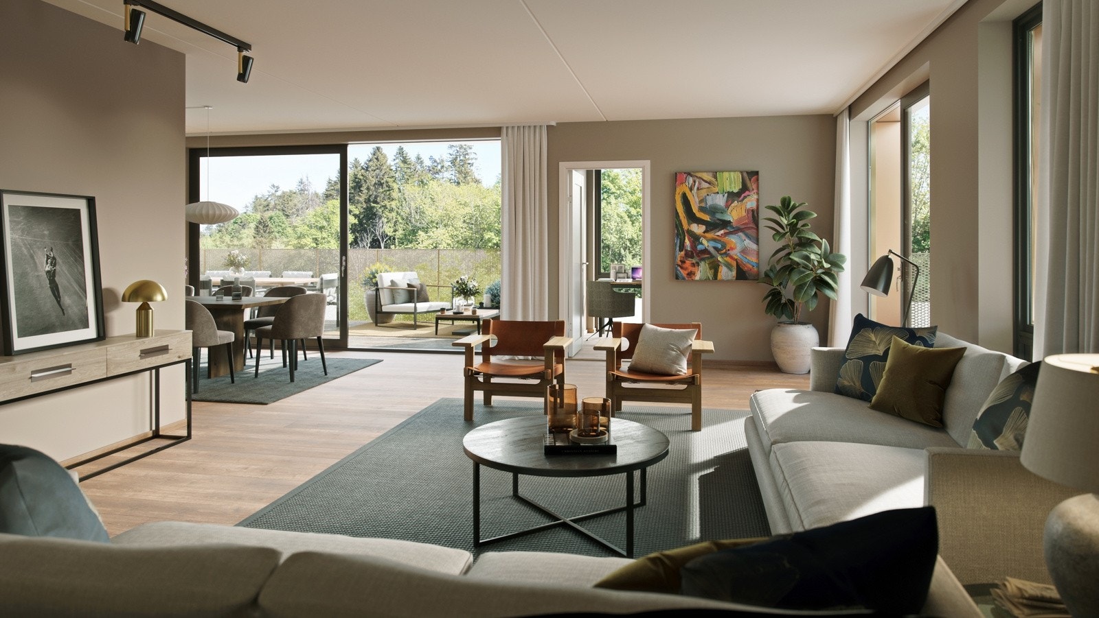 Gulv i oppholdsrom blir lekker 1-stavs eikeparkett, behagelig oppvarmet med vannbåren gulvvarme - godt for deg og miljøet - Bildet er ment som en illustrasjon og avvik kan forekomme Galleribilde