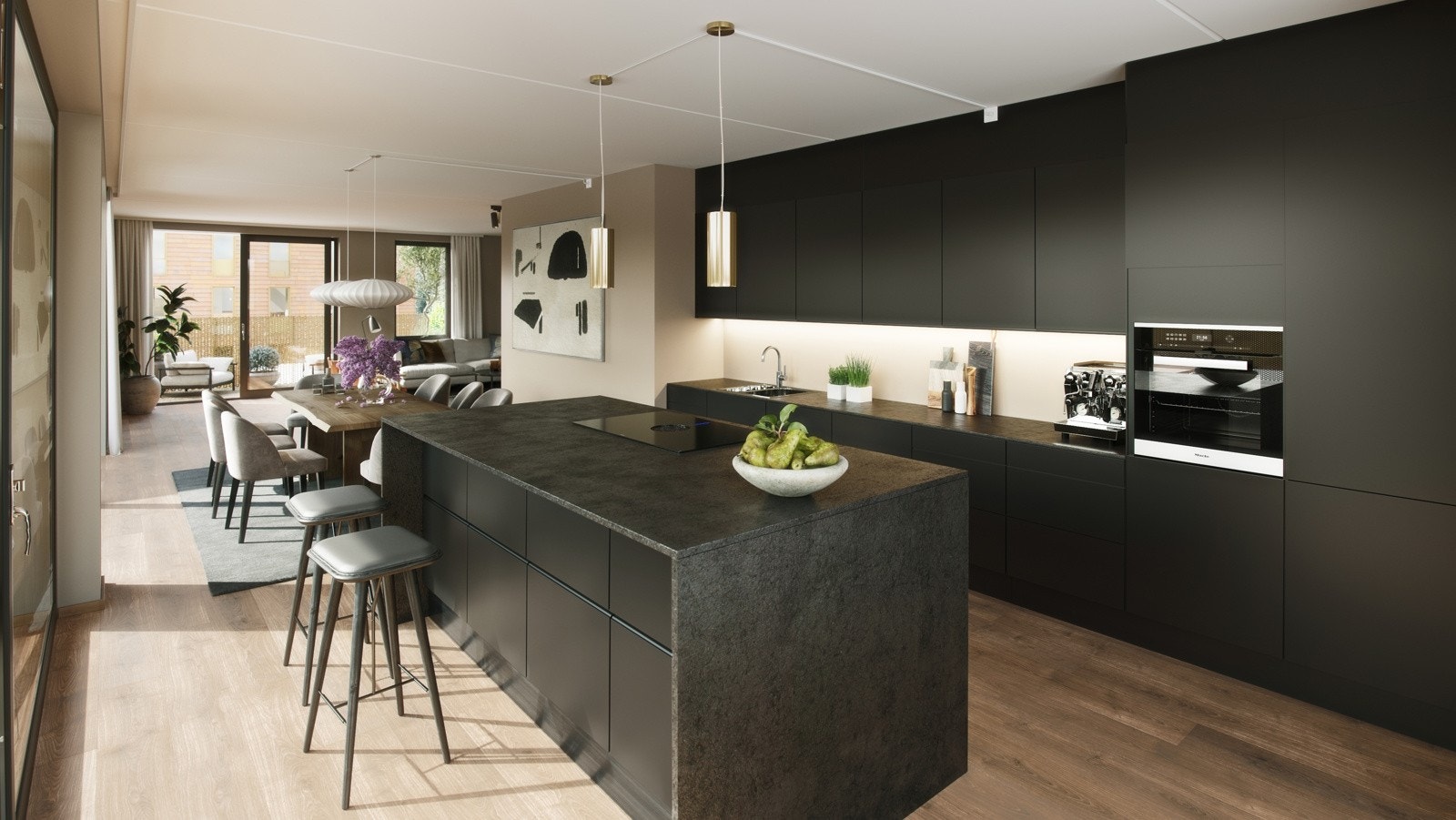 Kjøkken vist med tilvalg farge, modell,benkeplate, hvitevarer, vask - Kun ment som illustrasjon. Avvik vil forekomme. Galleribilde