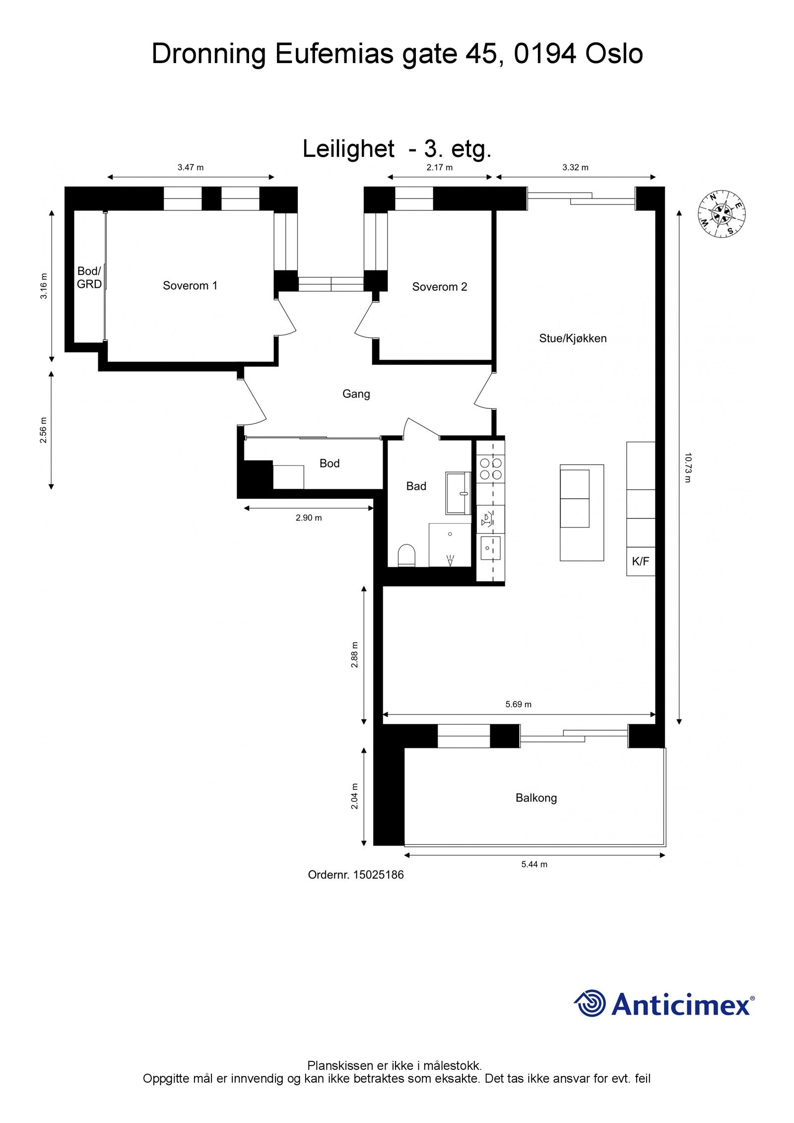 Plantegning. I tillegg disponerer leiligheten en kjellerbod på ca. 6,1m². Heisadkomst. Galleribilde