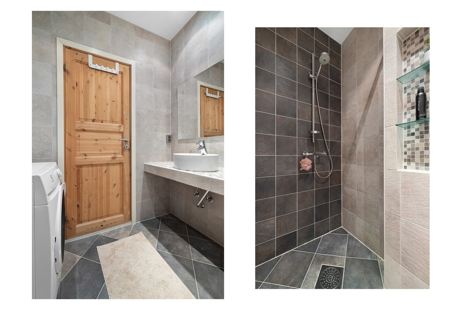 Badet har opplegg for vaskemaskin, varmekabler i gulv og downlights i himling. Galleribilde