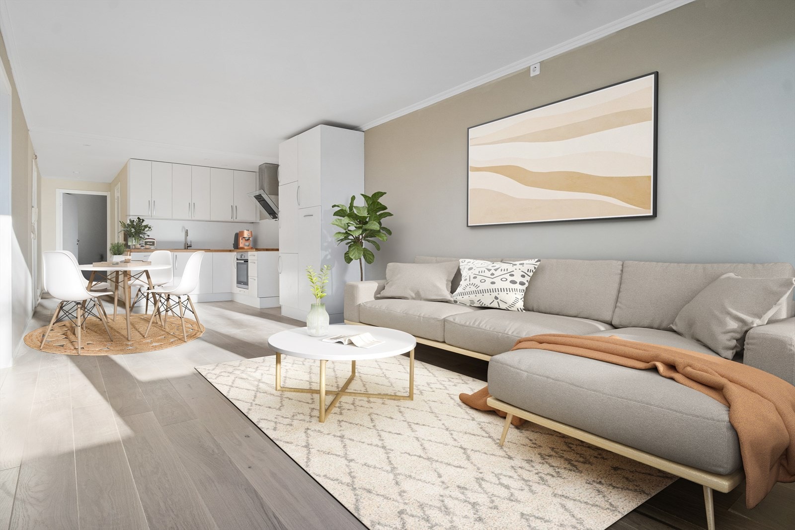 Meget romslig oppholdsrom med stue og kjøkken, på ca. 28 kvm (virituelt stylet) Galleribilde