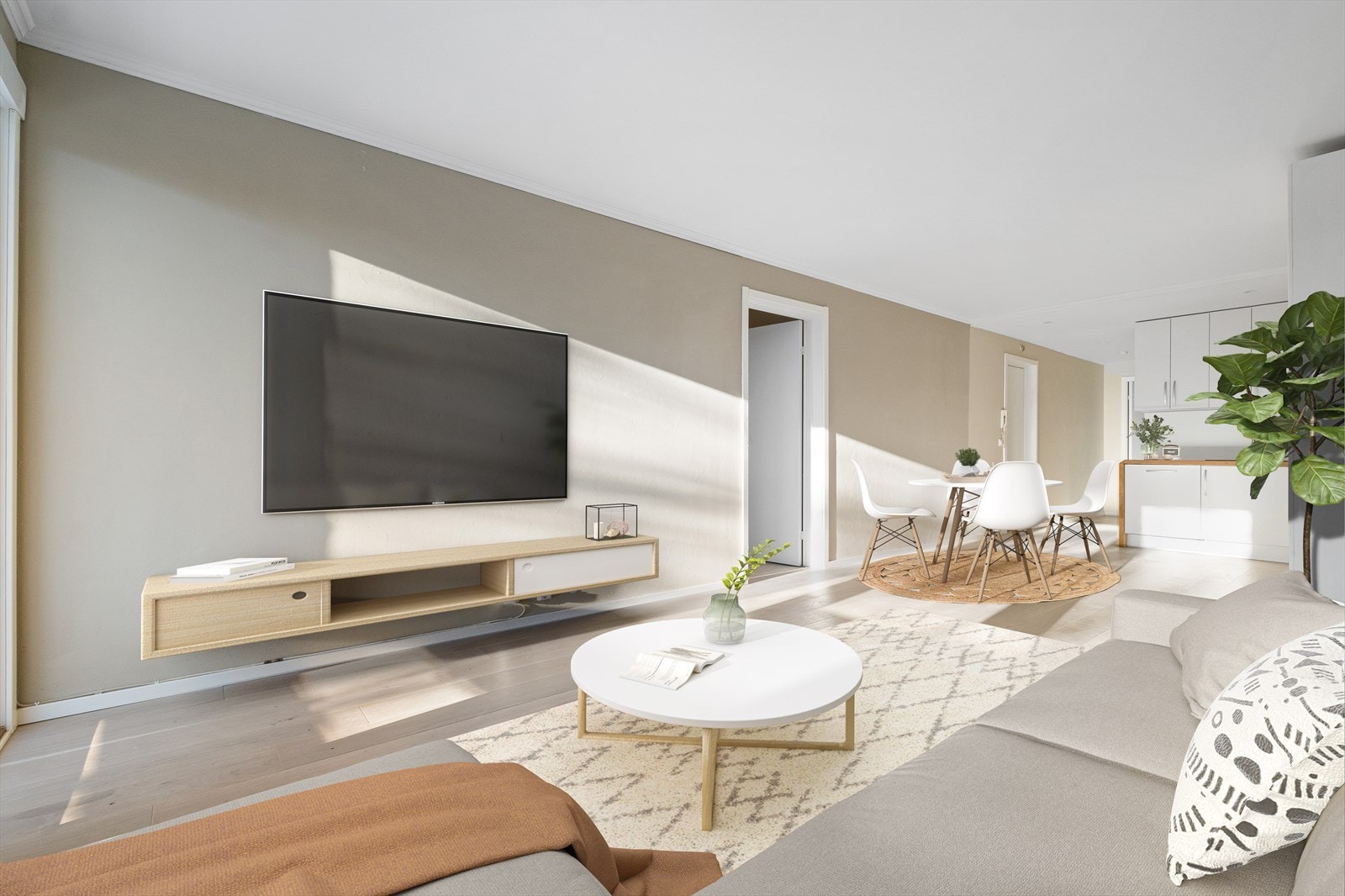 Leiligheten har nye gulv og er nylig malt i moderne farger (virituelt stylet) Galleribilde