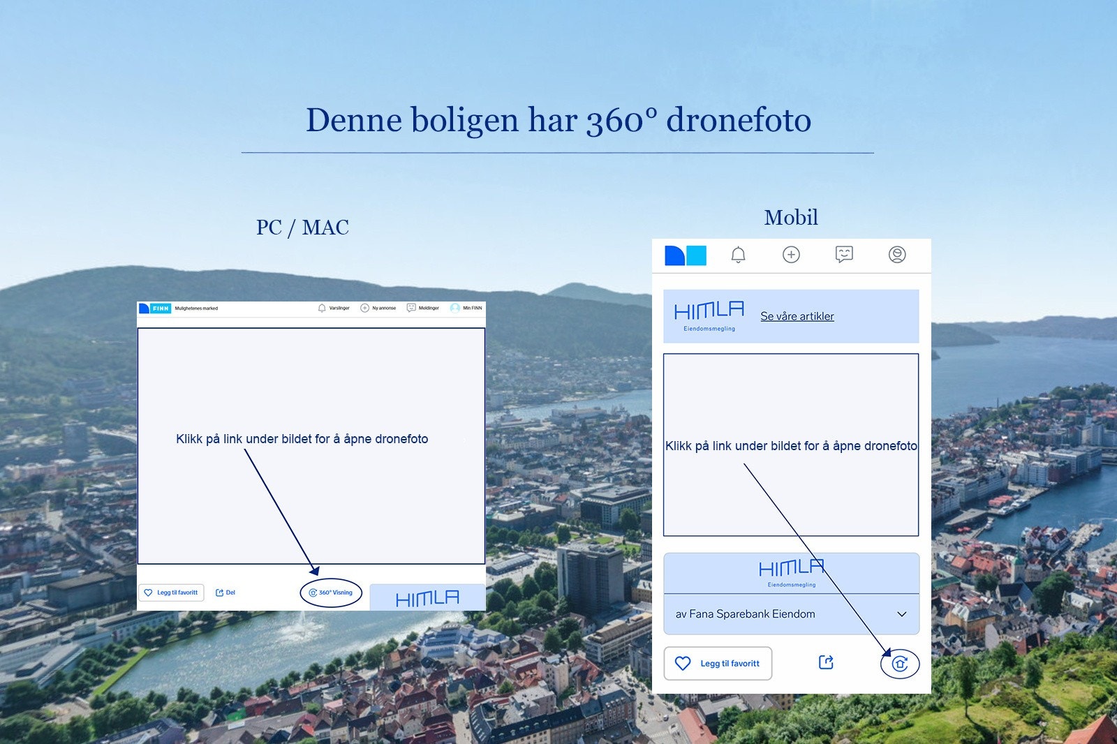 Denne Himla45boligen har dronefoto av nærområdet. Trykk på symbolet under bildet på finn.no annonsen. Galleribilde